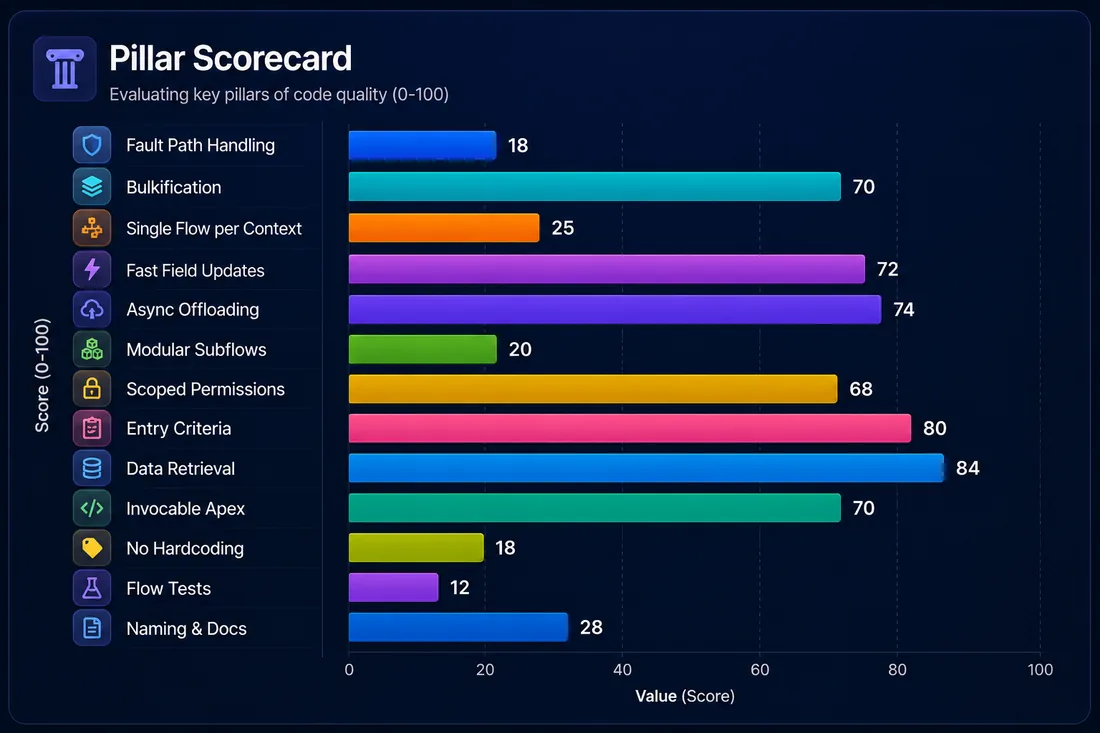 Pillar Scorecard dashboard: thirteen engineering pillars each scored from 0 to 100.